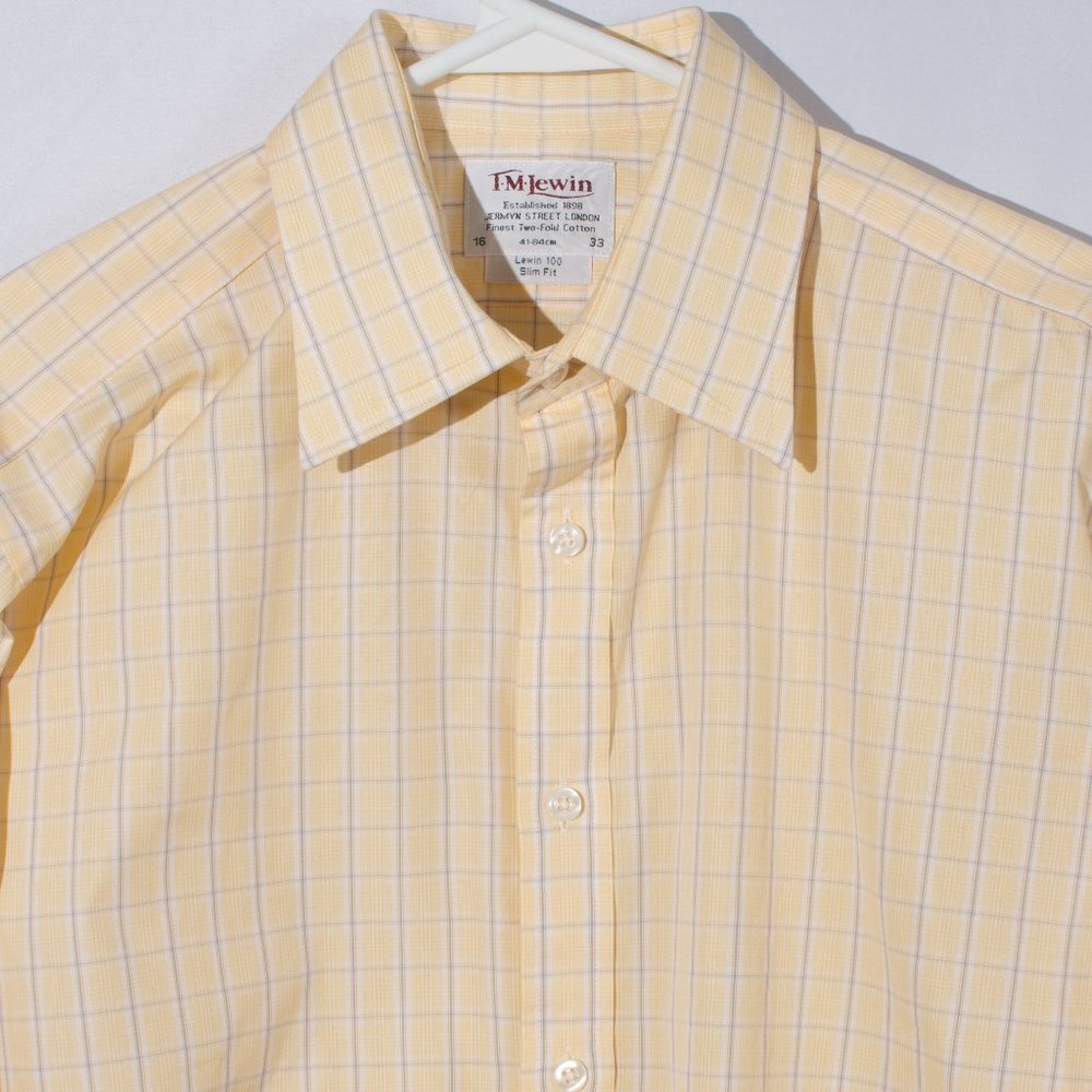 T.M. Lewin Men's Dress Shirt 16-33 Yellow Windowpane Cotton French Cuff